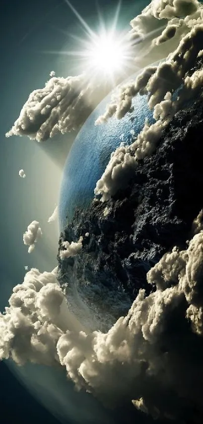 Dramatic Earth scene with sunburst and clouds in space.