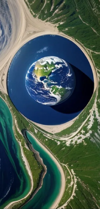 Surreal Earth landscape with vibrant blue and green.