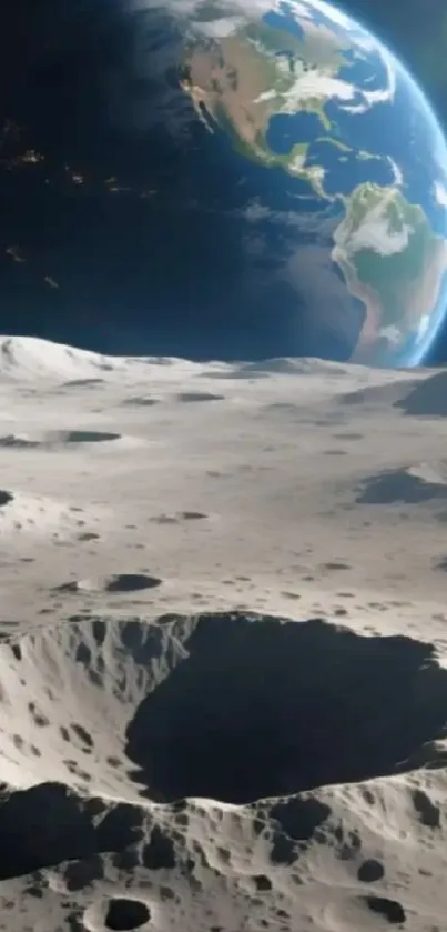 View of Earth from the moon's cratered surface.