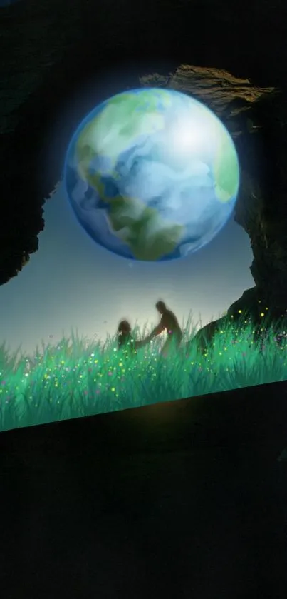 A beautiful view of Earth through a cave with glowing grass and silhouettes.