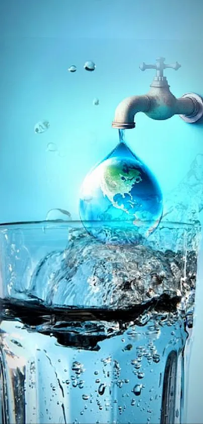 Artistic image of water droplet Earth pouring into a glass.