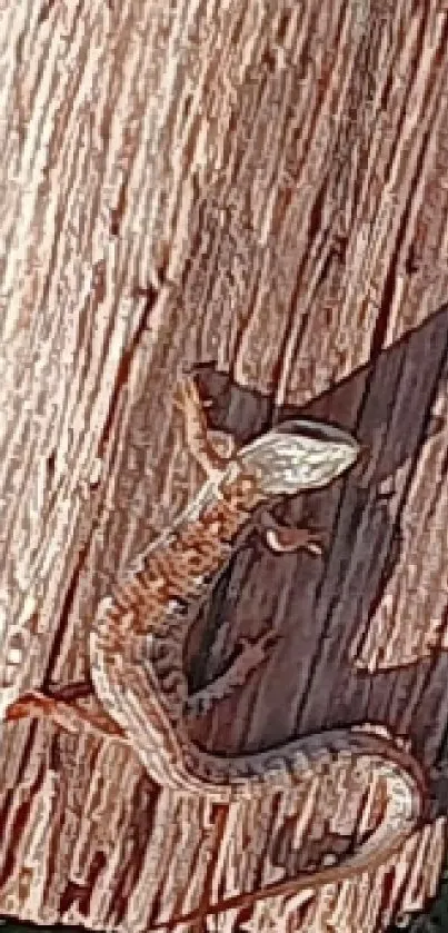 Lizard crawling on textured wooden surface under sunlight.