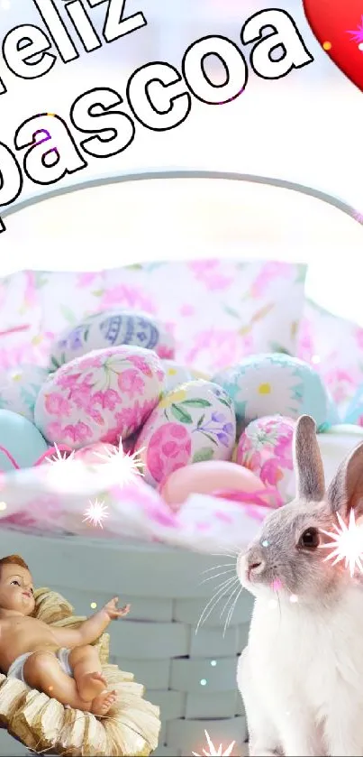 Easter basket with eggs and bunny, heart, and 'feliz pascoa' text.