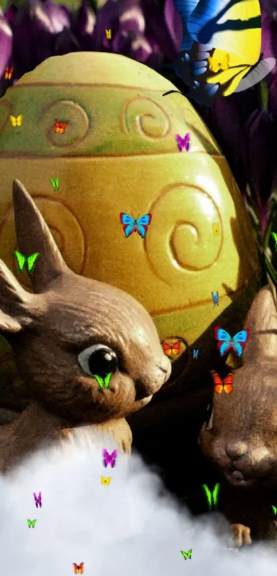 Adorable bunnies with butterflies and an Easter egg amid vibrant flowers.