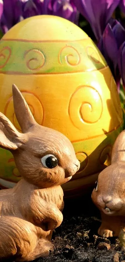 Adorable bunnies with a decorative Easter egg and purple flowers.