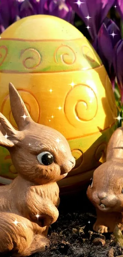 Easter bunnies and colorful egg with purple crocus flowers.