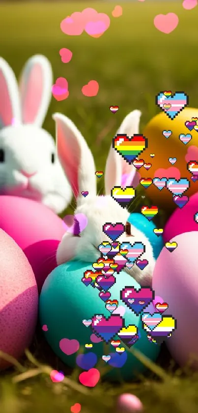 Adorable bunnies with colorful Easter eggs on green grass.