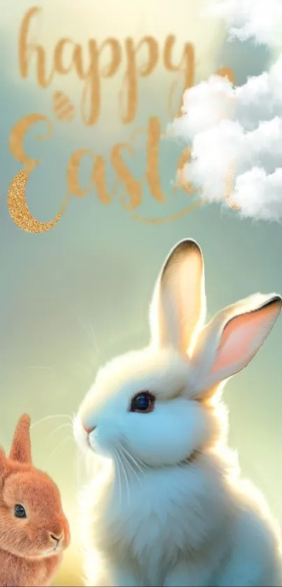 Two adorable bunnies under fluffy clouds in a pastel Easter scene.