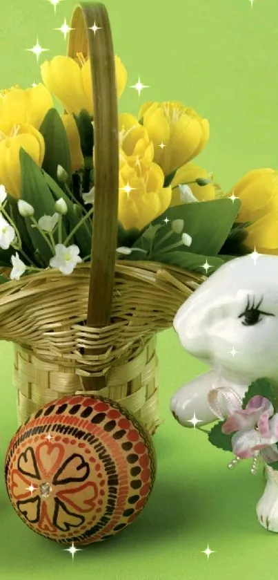 White bunny, tulips, and Easter eggs on green background.