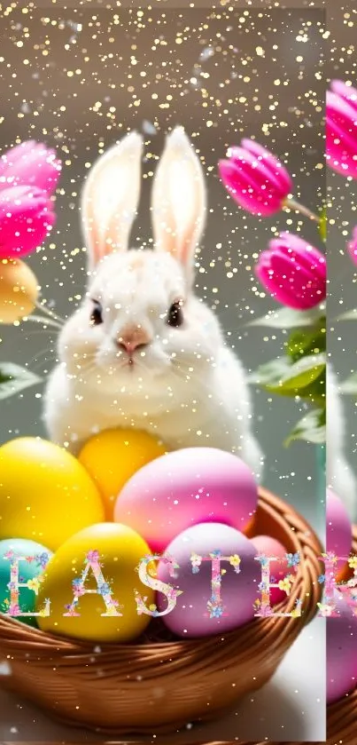 Easter bunny with colorful eggs and pink tulips in a festive basket.