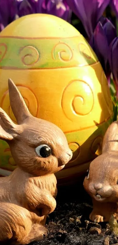 Toy bunnies with Easter egg and purple flowers in the background.