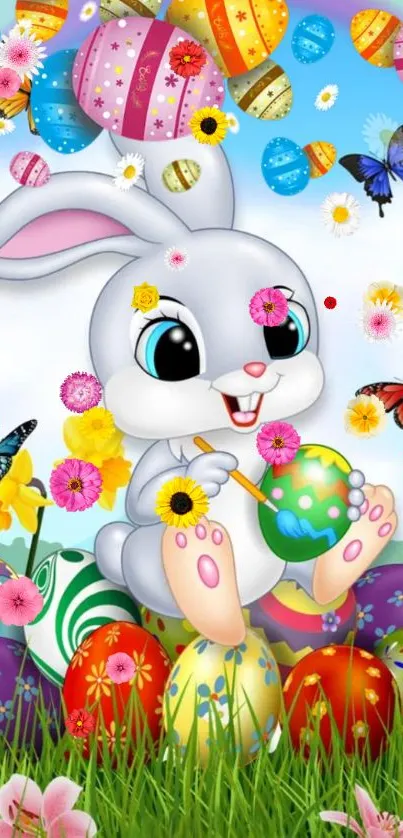 Cute Easter bunny with colorful eggs and butterflies, perfect for spring.