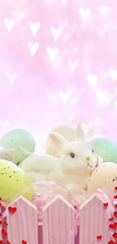 Mobile wallpaper with a cute Easter bunny and pastel eggs on a pink background.