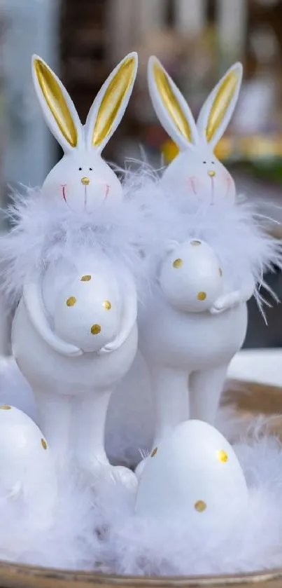 Easter bunnies with eggs and feathers on a decorative plate.