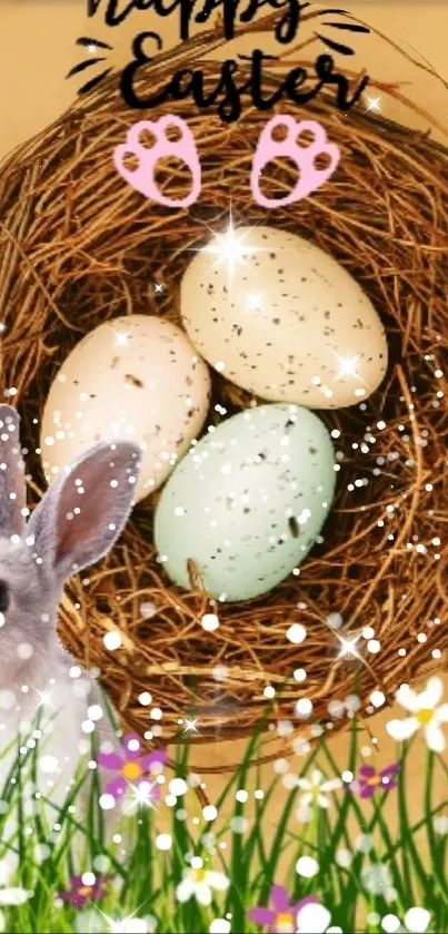 Easter-themed wallpaper with bunny and eggs in a nest.