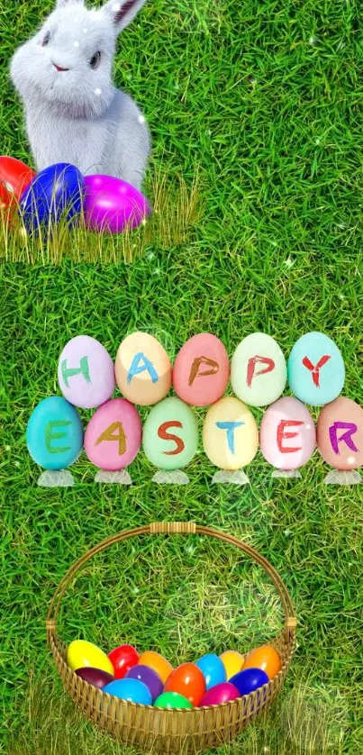 Easter wallpaper with rabbit, eggs, and green grass background.