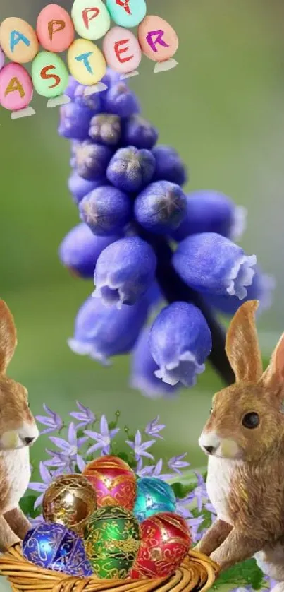 Easter-themed wallpaper with bunnies, eggs, and lavender flowers.