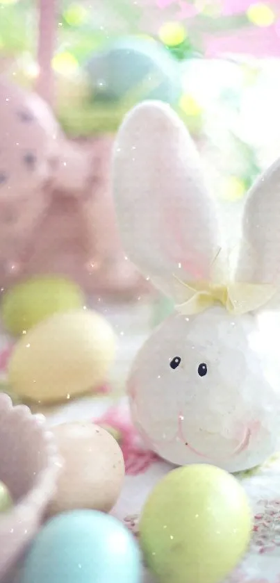 Cute Easter bunny with colorful pastel eggs.