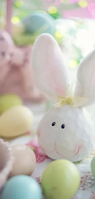 Cute Easter bunny with pastel eggs wallpaper.