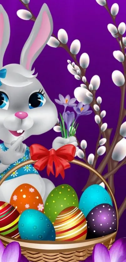 Easter bunny with eggs on purple background wallpaper.