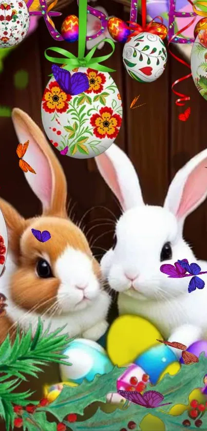 Easter bunnies with colorful floral eggs and decorations on a festive wallpaper.