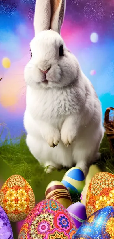 Cute Easter bunny with colorful eggs and vibrant blue background.