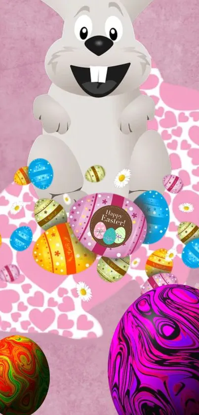 Easter bunny with colorful eggs and festive patterns on pink background.