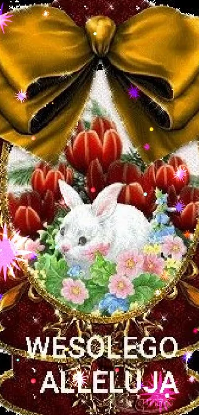 Easter themed wallpaper with bunny and flowers in a decorative setting.