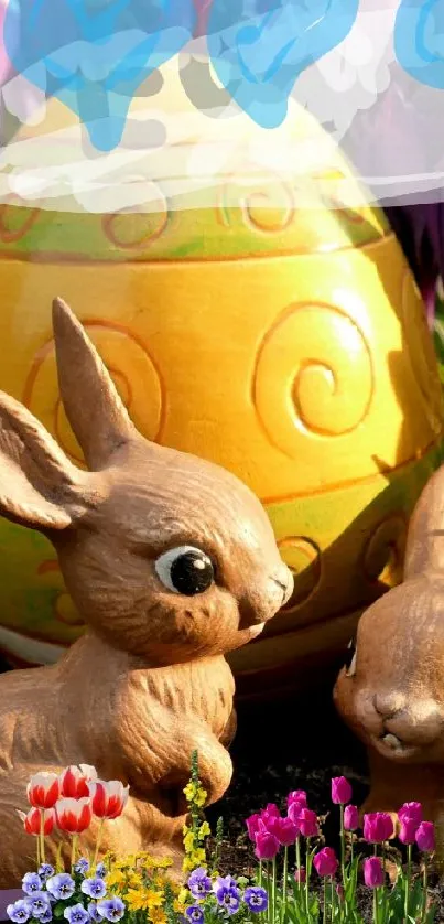 Cute bunnies with Easter egg in garden