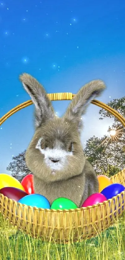 Easter bunny in a basket with colorful eggs in a sunny field.