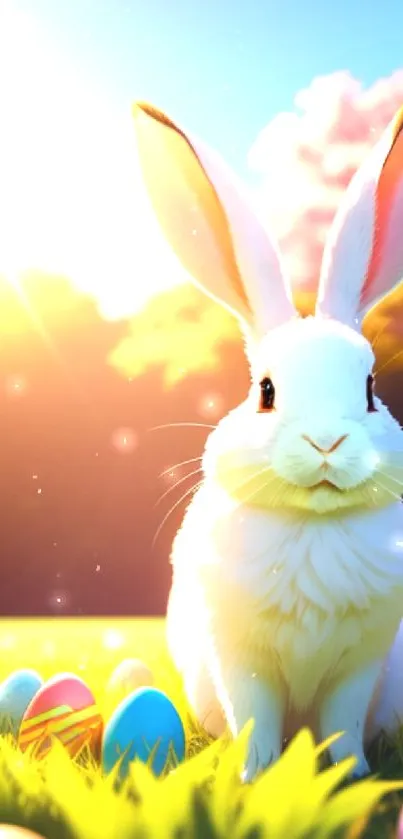 Easter bunny with colorful eggs in a sunny spring meadow.