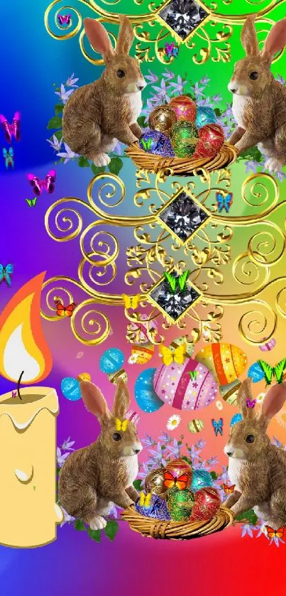 Colorful Easter wallpaper with bunnies, eggs, and candles.