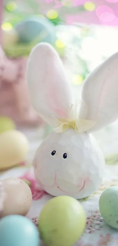 Easter bunny with pastel eggs and decor.