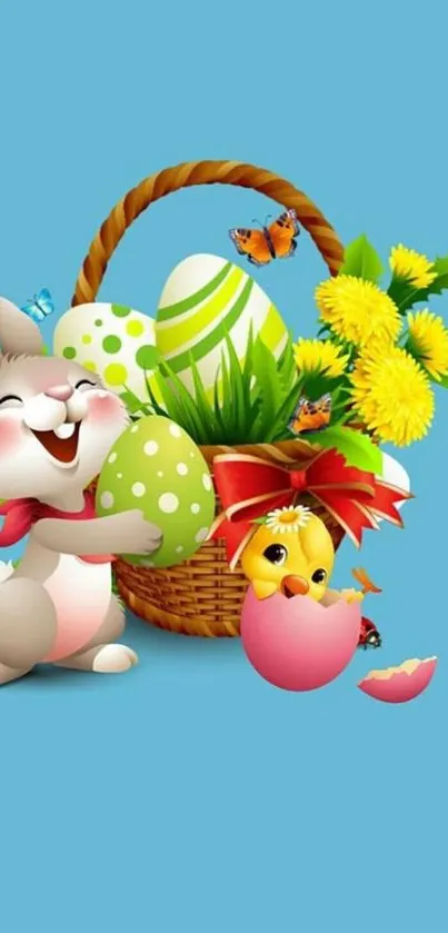 Easter-themed wallpaper with a bunny, eggs, and spring flowers against a sky blue background.