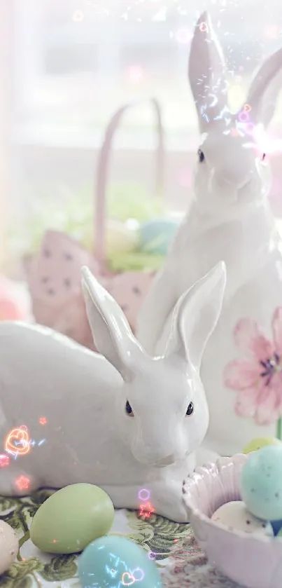 Ceramic bunnies with pastel eggs and floral decor