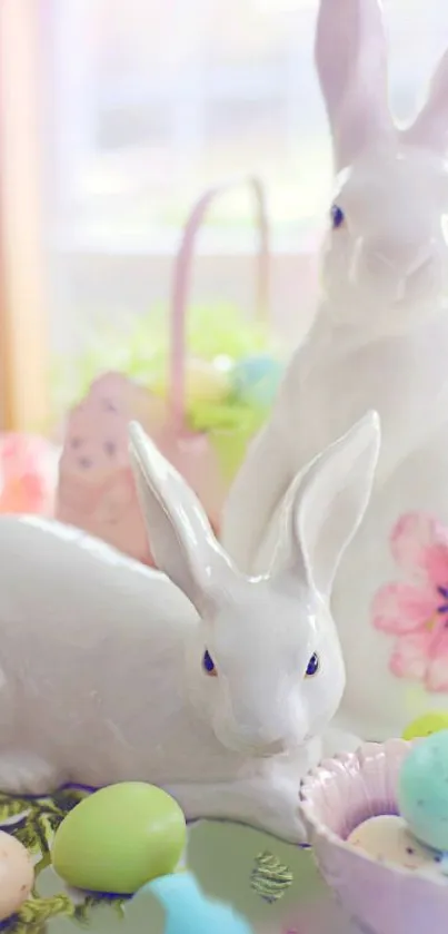 Porcelain bunnies with pastel eggs and flowers, perfect for Easter wallpaper.