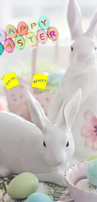 Elegant Easter ceramic bunnies with pastel eggs.