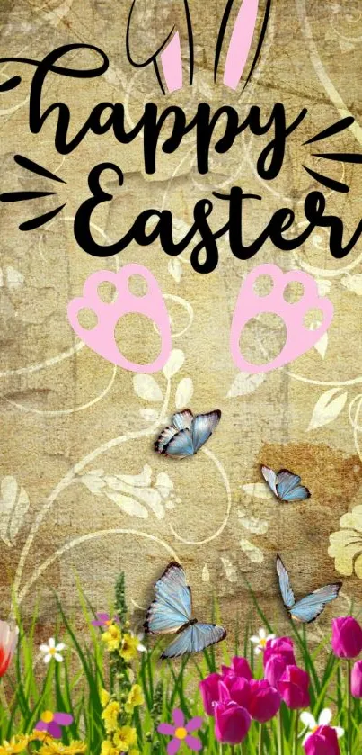 Easter mobile wallpaper with bunnies, tulips, and butterflies.