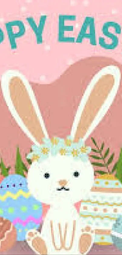 Cute Easter bunny with colorful eggs and flowers on a pink background.