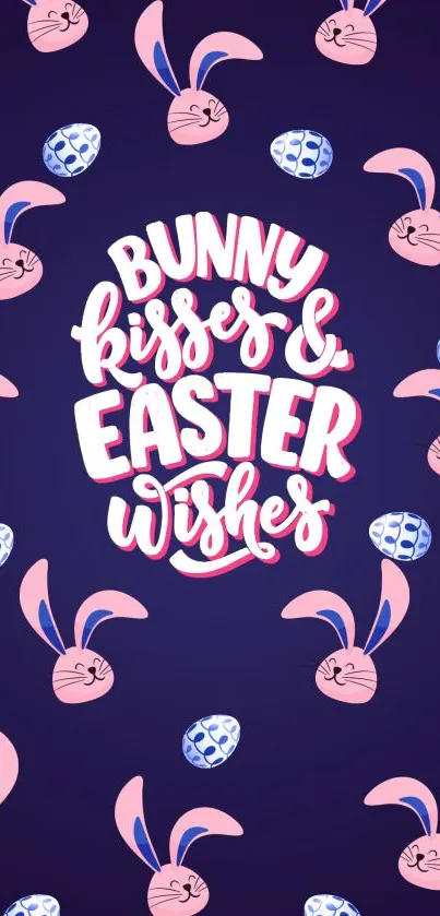 Easter wallpaper with pink bunnies and eggs on a navy background.