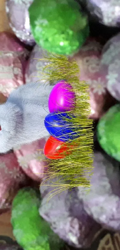 Easter bunny surrounded by colorful purple, pink, and green eggs.