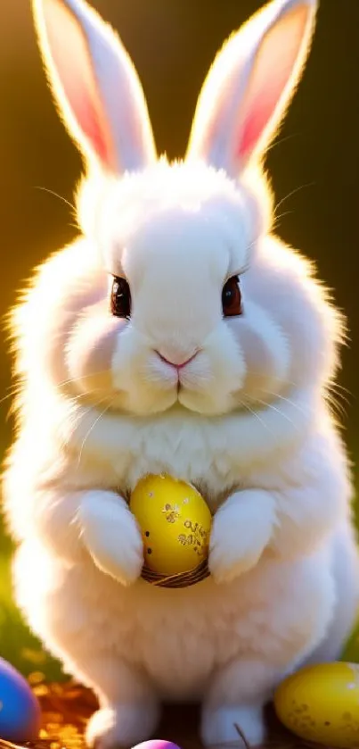 Fluffy Easter bunny holding a decorated egg with colorful eggs around.