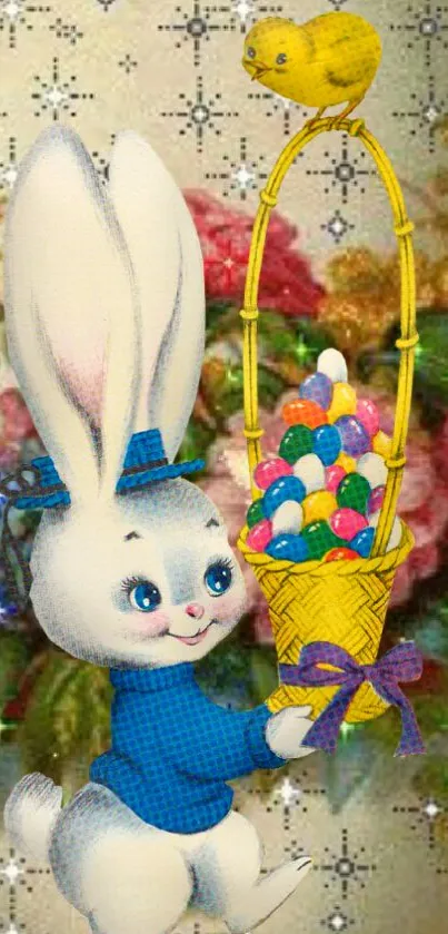 Vintage Easter bunny with colorful egg basket and blue outfit.