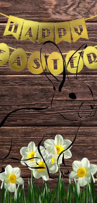 Easter bunny on wooden background with daffodils and happy banner.