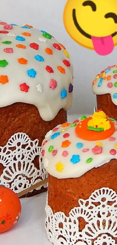 Easter cakes with colorful icing and a smiling emoji decoration.