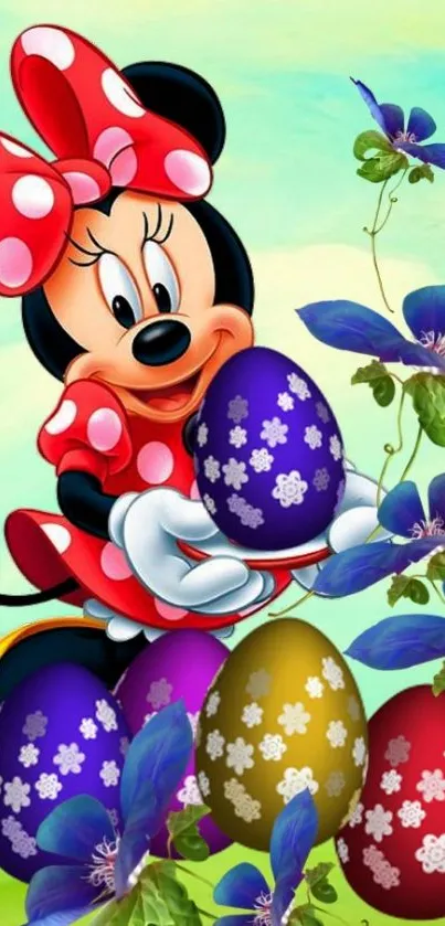 Cartoon character with Easter eggs and vibrant flowers.