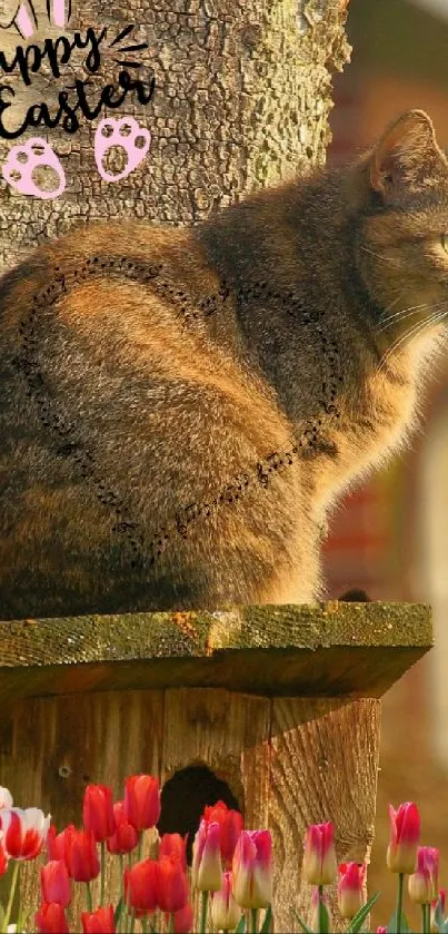 Cat on a perch with tulips and 'Happy Easter' message in a garden setting.