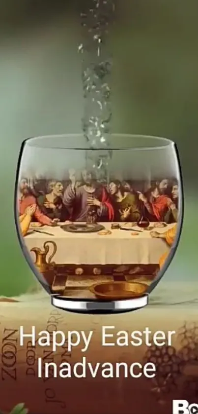 Easter-themed art in a glass on a mobile wallpaper.