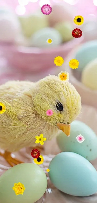 Fluffy chick and pastel eggs for Easter wallpaper.