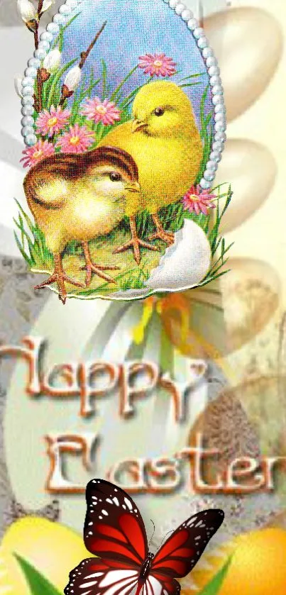 Easter mobile wallpaper with chicks and butterfly in vibrant colors.